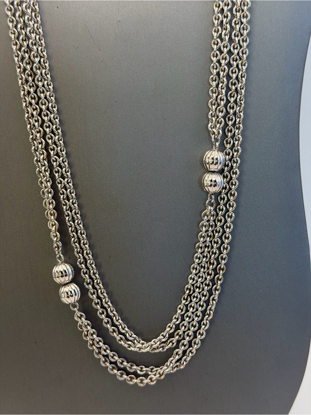 Monet Double Strand 58” Silver Tone Necklace with Ribbed Bead Accents Vintage
